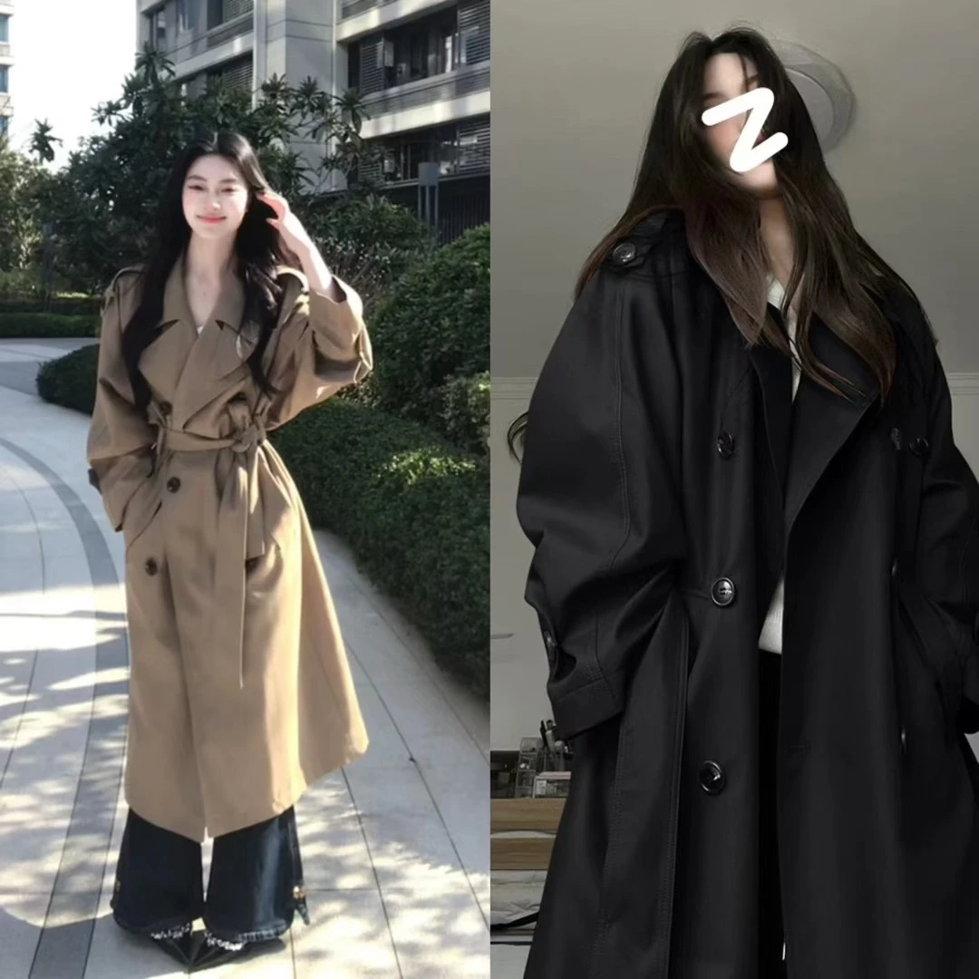 元元子专属【韩剧女二风】高级感大翻领双排扣系带收腰长款风衣外套
