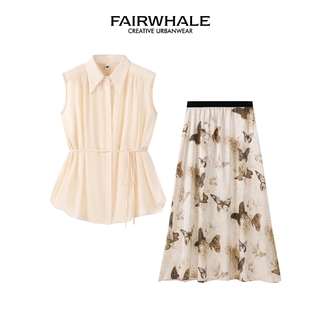 马克华菲无袖翻领抽绳设计上衣蝴蝶印花垂感长裙百搭显瘦两件套女