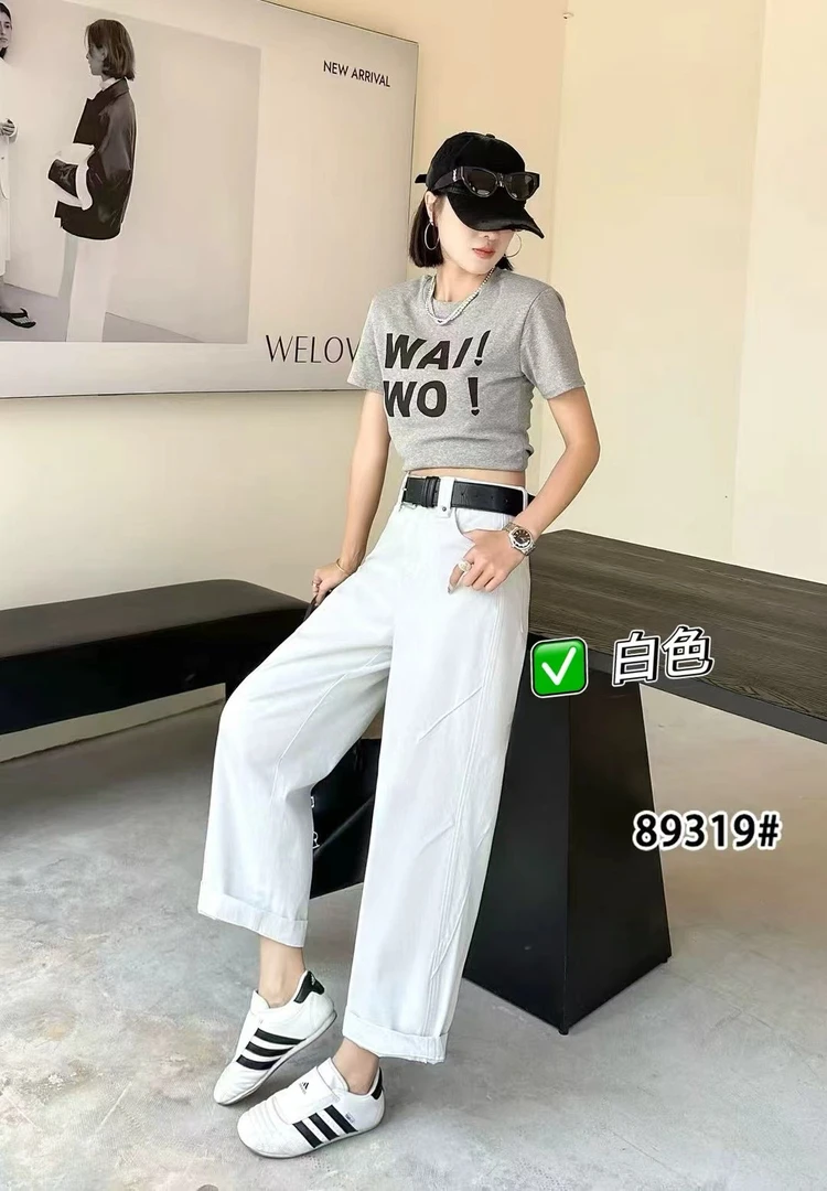 89319弯刀裤显瘦白色高腰时尚休闲宽松夏季潮流