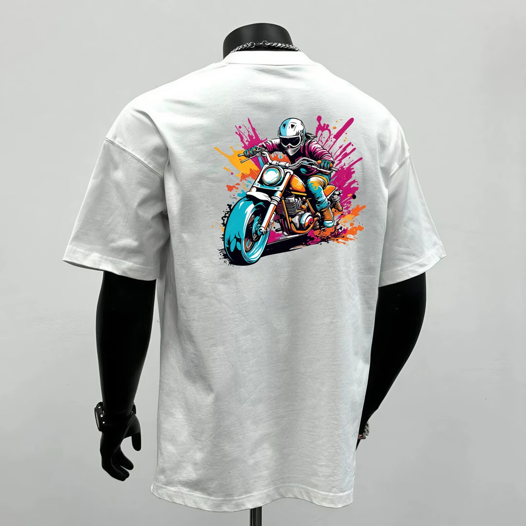 夏季新款重磅纯棉炫彩机车嘻哈个性印花休闲时尚宽松重磅纯棉T恤