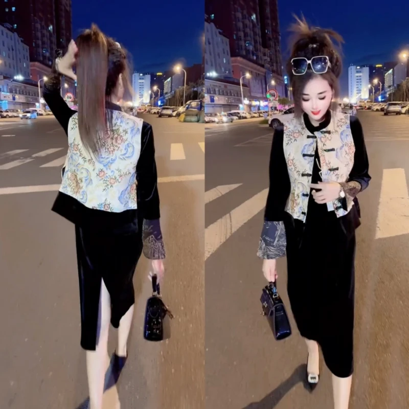 新中式刺绣马甲金丝绒套装裙女装国风复古高级感女装高品质