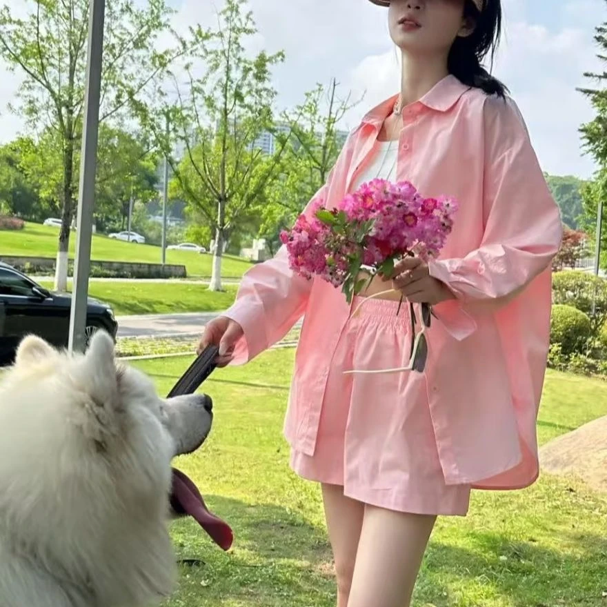 【多巴胺衬衫套装】夏季新款清新多色衬衫短裤套装DF975