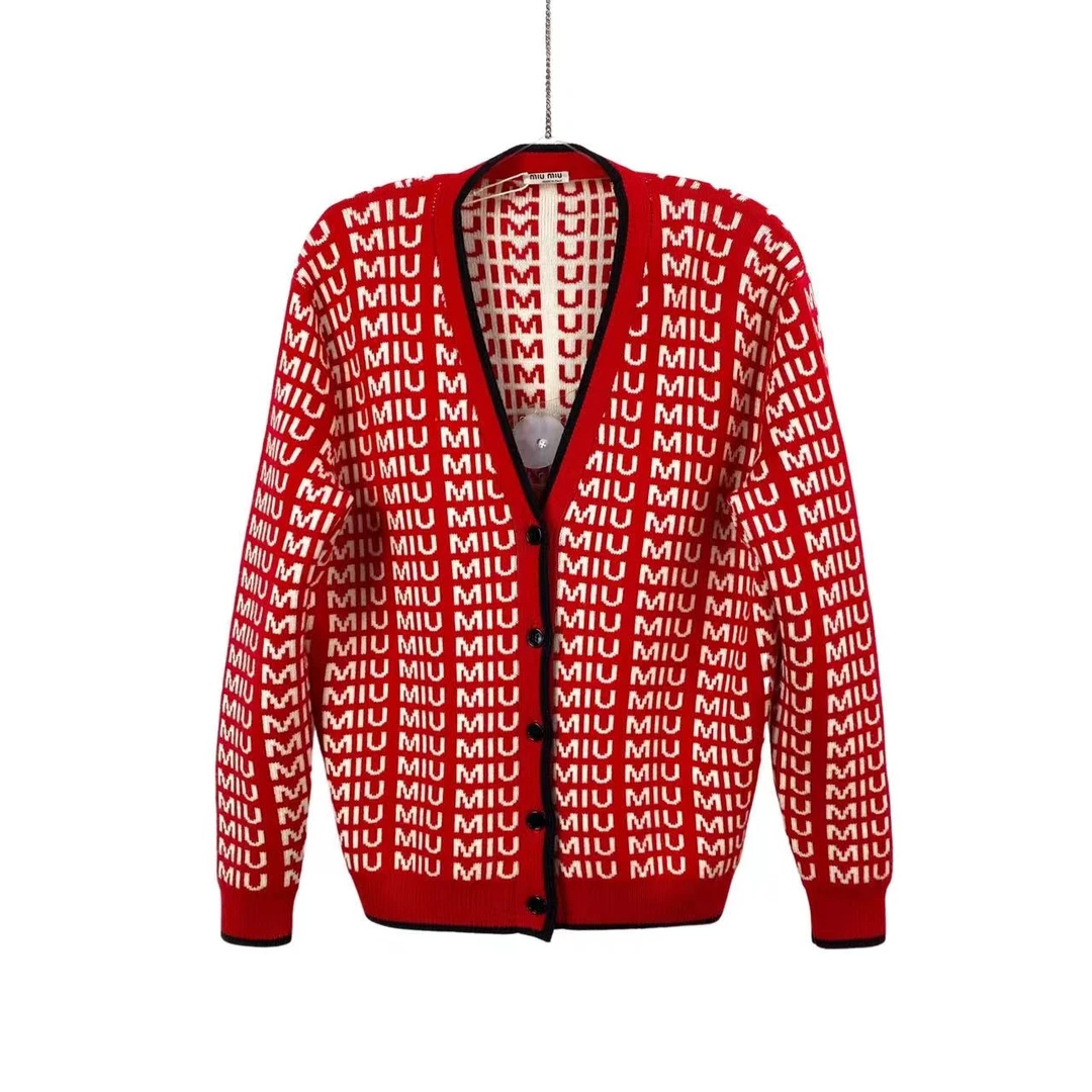 99新 MIU MIU/缪缪  qq零一八五 绵羊毛 ss22满印老花开衫 36码