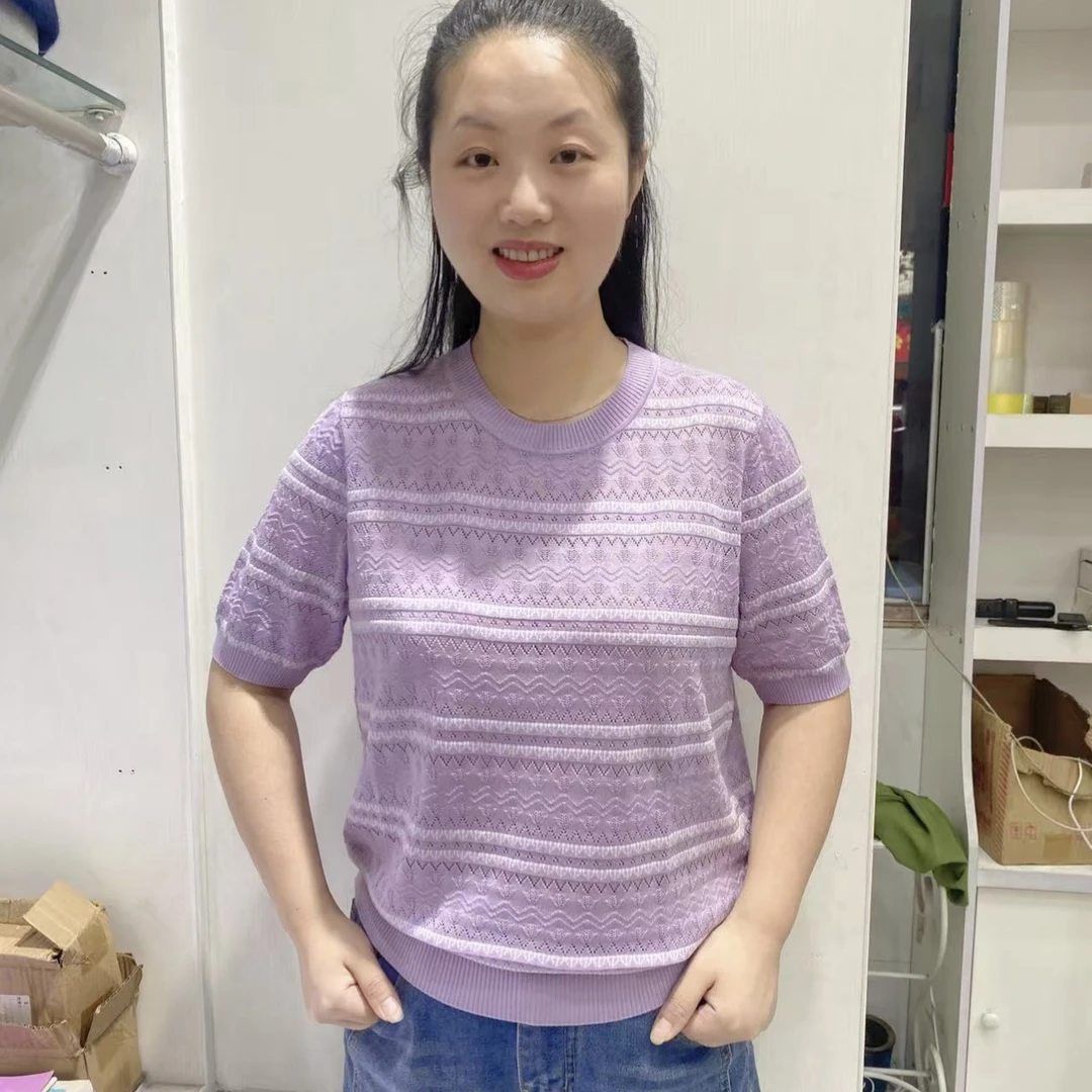 夏季镂空花透气凉快显瘦时尚桑蚕丝天丝短袖