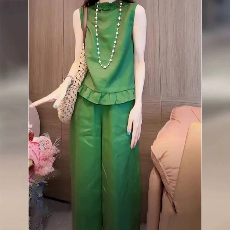绿色亚麻套装女夏季2025新款高级感超好看棉麻上衣阔腿裤子两件套