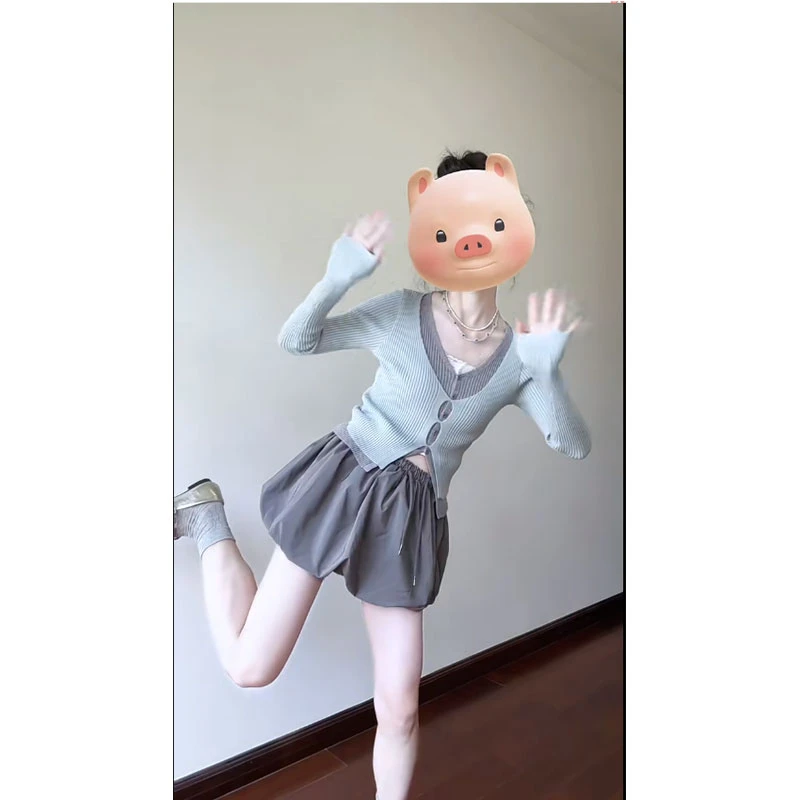 2025春季新款韩系辣妹V领撞色假两件针织衫配灯笼半身裙裤两件套