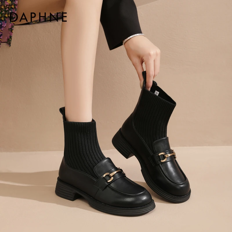 达芙妮网红爆款袜靴短靴子2025秋冬季厚底加绒乐福鞋学院风瘦瘦靴