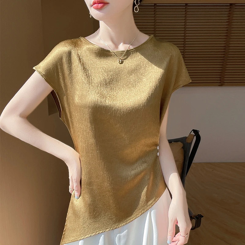 【现货宠粉】新款女圆领短袖缎面设计感T恤薄时尚复古百搭亲肤打底