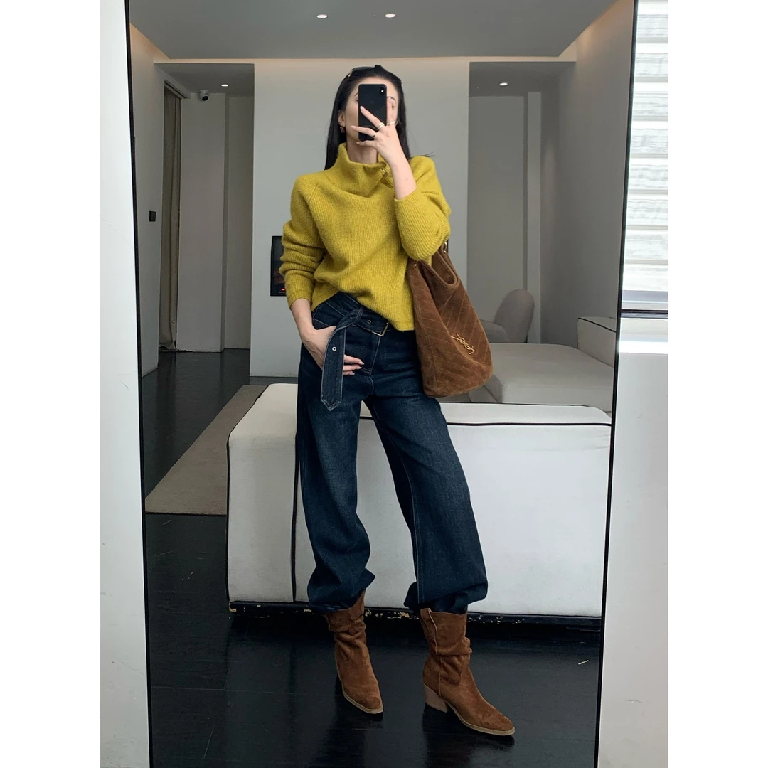 JIJINQI 明媚暖冬堆堆领毛织上衣 复古加绒牛仔裤JD11KNQM470