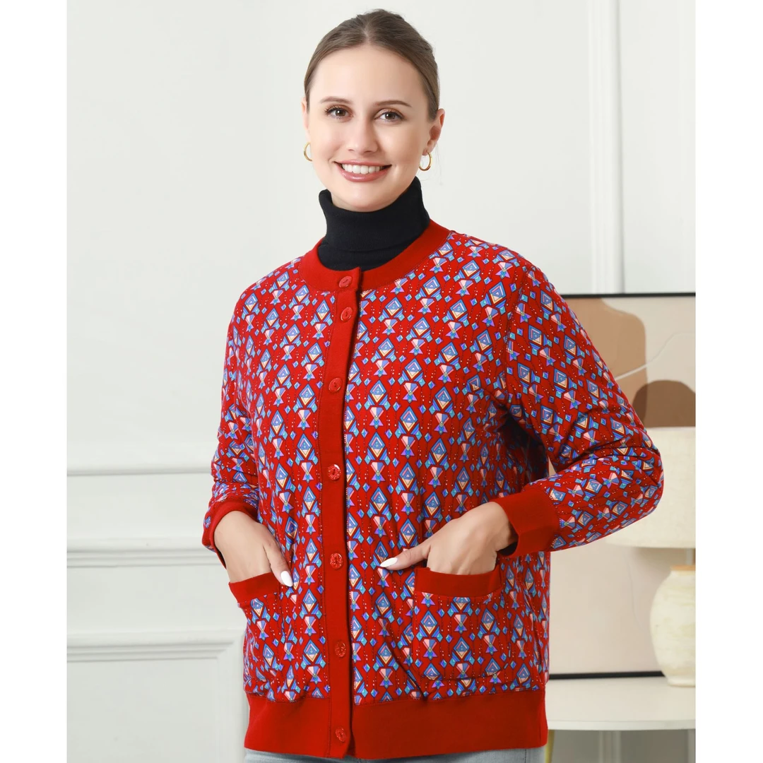 蚕丝羊毛保暖开衫数码印花民族风妈妈装中老年加厚大码气质