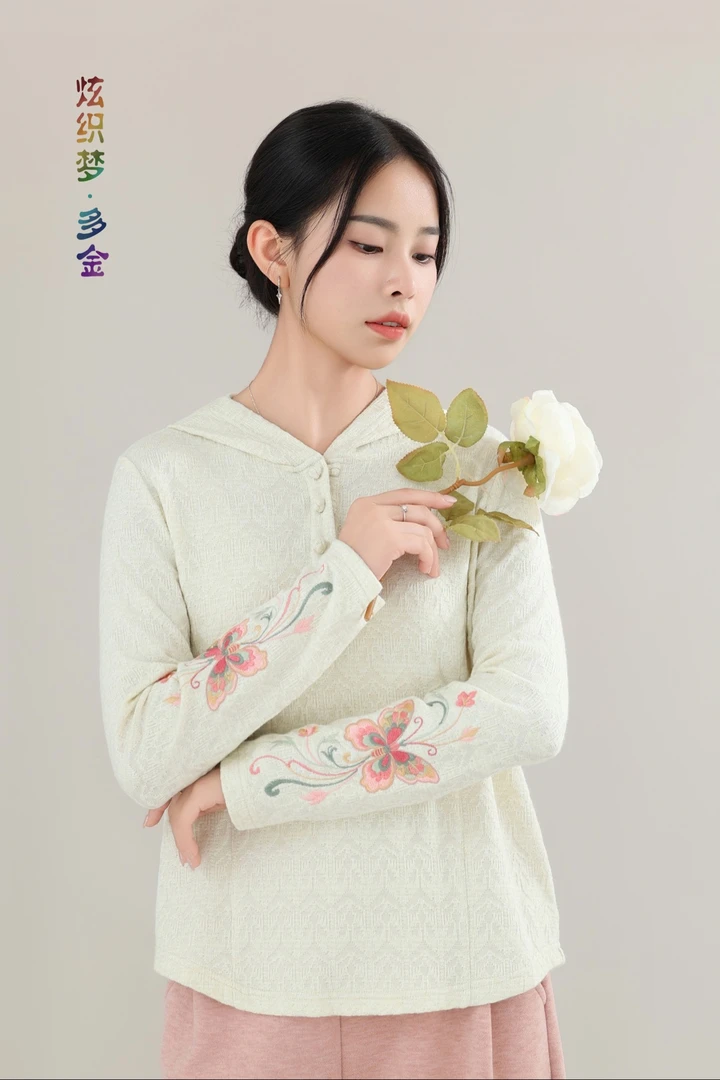 炫织梦多金2025秋女装连帽长袖时尚韩版毛针织衫宽松型百搭绣花