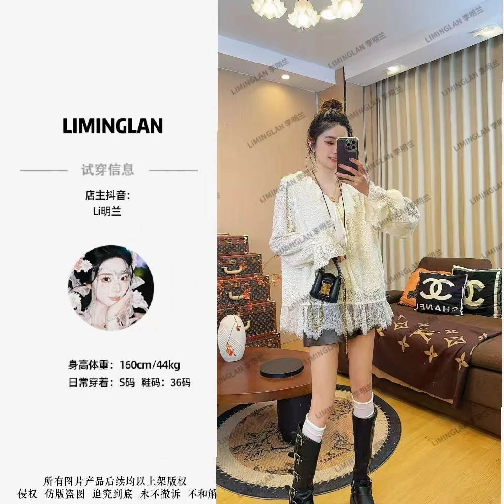 李明兰2025冬季新款法式加绒长袖宽松温柔法式蕾丝喇叭袖衬衫