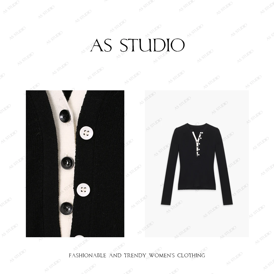 【AS亨利衫】25新撞色双排扣修身显瘦v领上衣AS24DSY3339