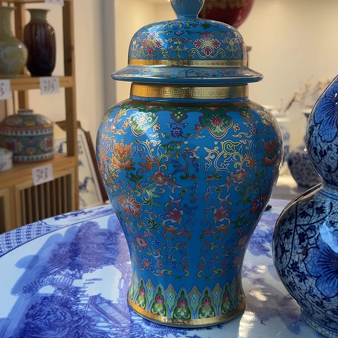 陶摆件36cm天蓝色将军罐