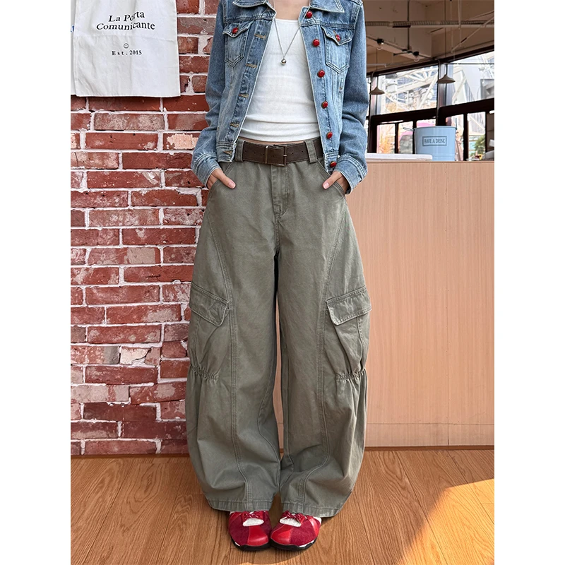 URKR美式复古灰绿色弯刀工装裤男女宽松阔腿百搭休闲长裤
