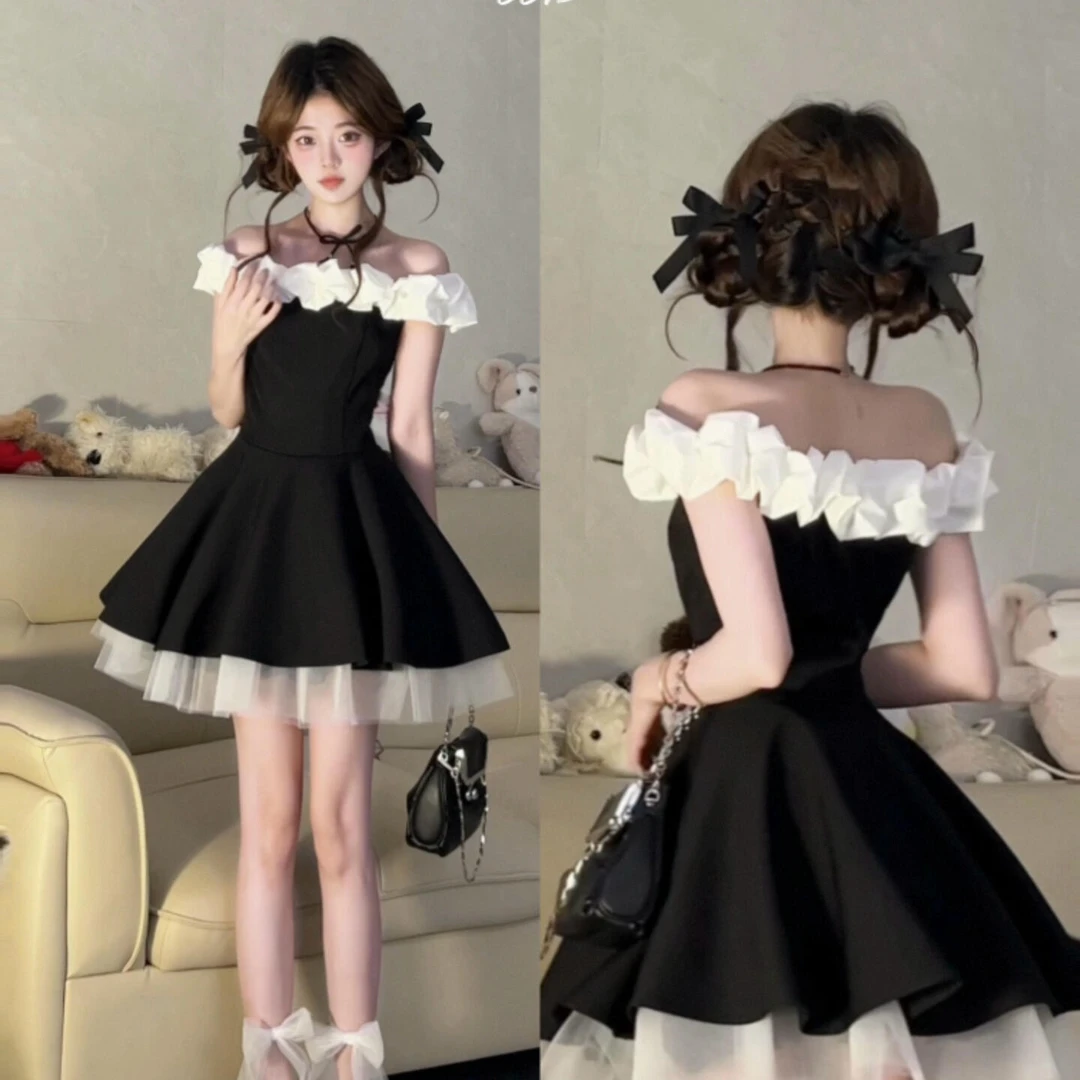 法式甜辣妹拼色连衣裙女夏季赫本风高级感芭蕾公主裙收腰蓬蓬裙子