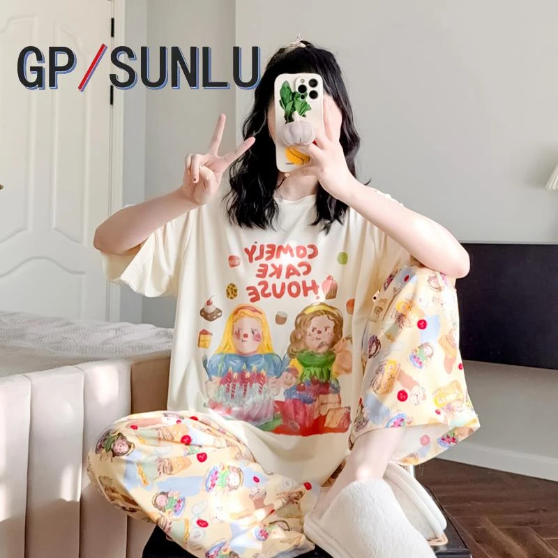 日本小众GP卡通油画睡衣女夏季莫代尔短袖长裤日系可外穿薄款圆领