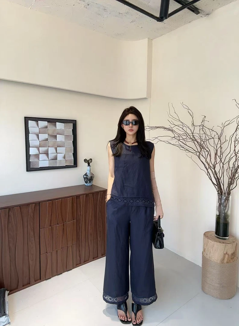 幂幂 新品经典亚麻套装宽松老钱风背心马甲休闲阔腿裤