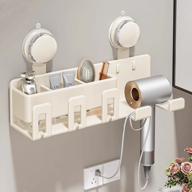 奶白吸盘牙刷置物架免打孔卫生间吹风机支架壁挂式牙刷杯漱口杯架