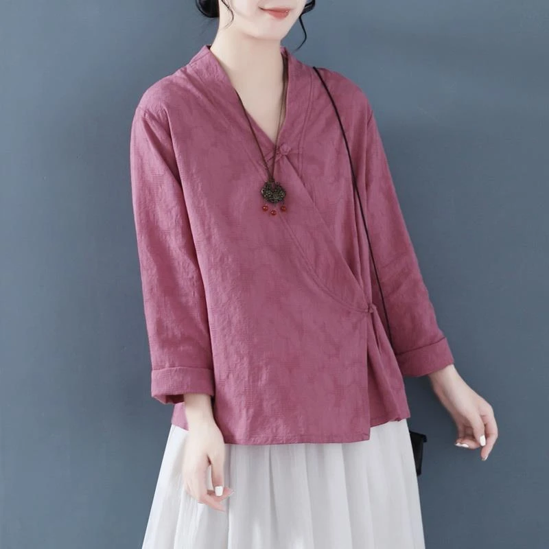 外贸出口折扣女装中式盘扣茶服上衣宽松复古斜襟棉麻长袖衬衫国风