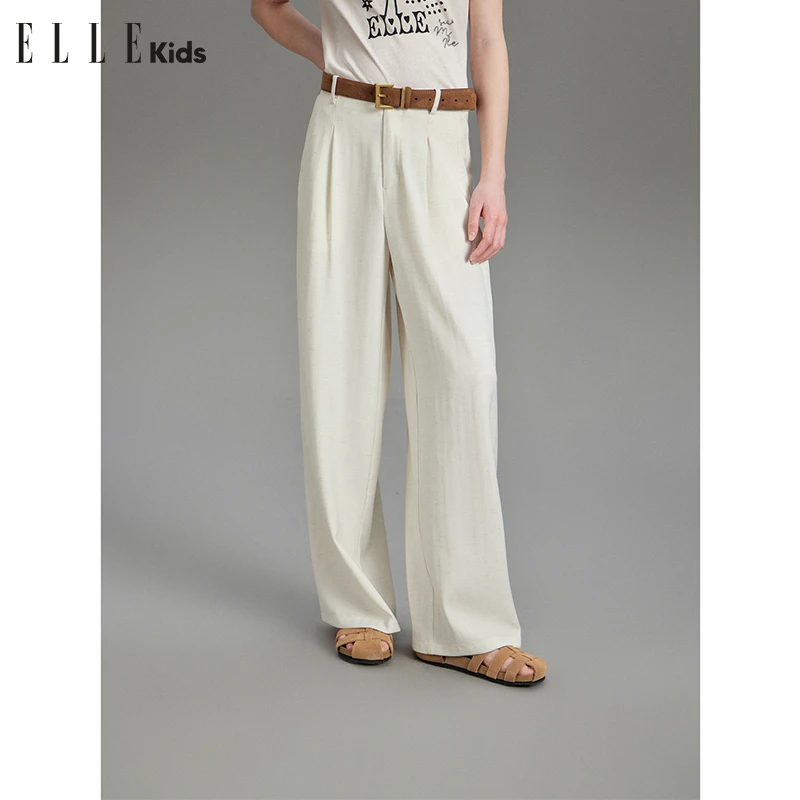 ELLE KIDS 连腰垂感直筒休闲裤女童夏季新款柔软舒适仿麻裤子A3