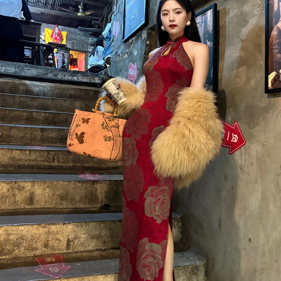 画报夫人原创自制新中式国风改良挖肩水滴旗袍连衣裙 艳丽