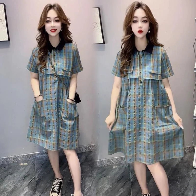 2025夏季新款气质中长款韩版衬衫连衣裙女减龄洋气休闲格子a字裙