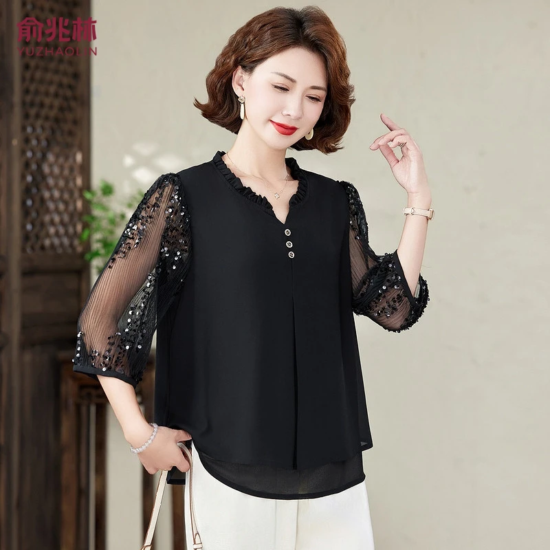 俞兆林妈妈夏装洋气雪纺衫上衣2025新款气质时尚40岁岁50岁中老年