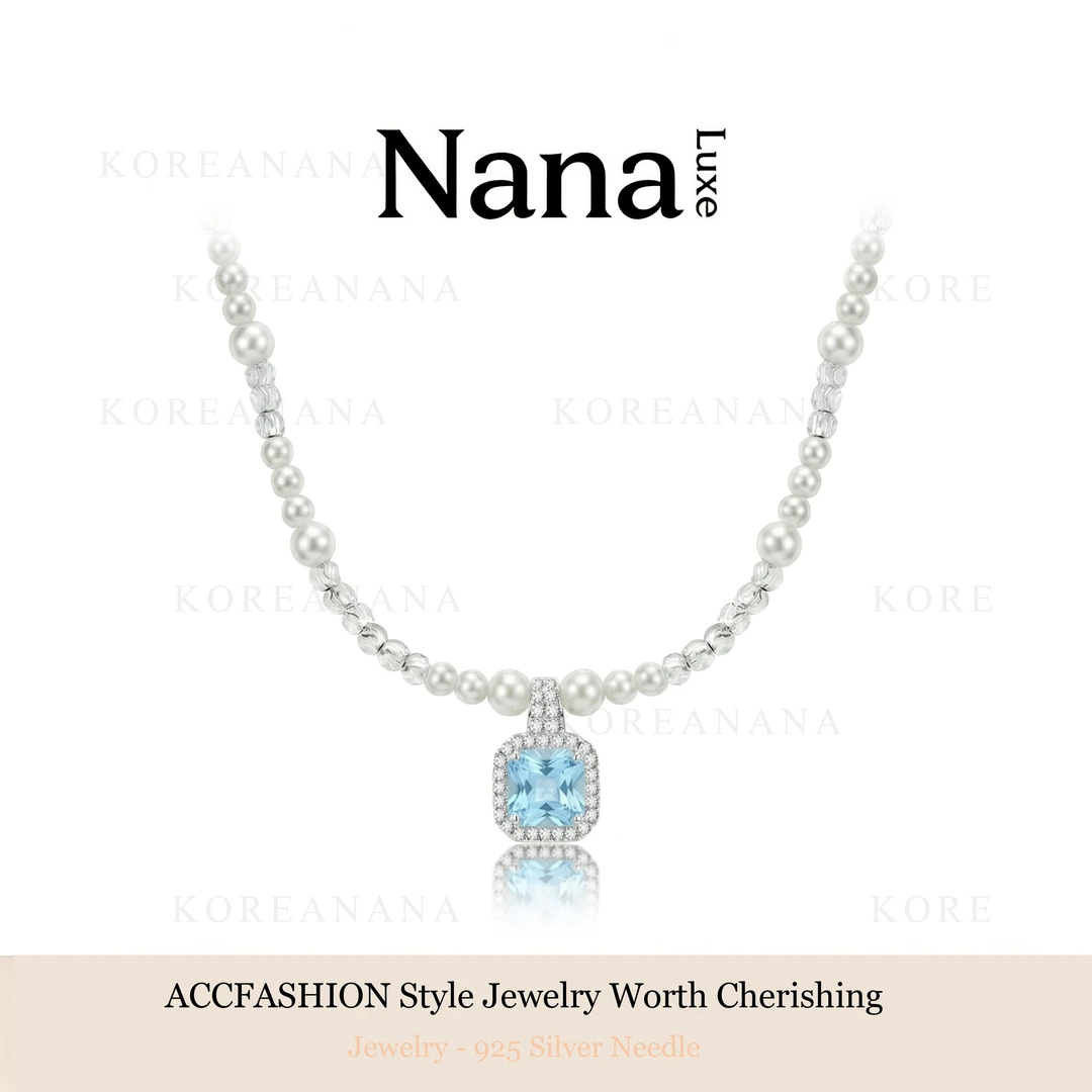 铜合金仿珍珠项链 镀白金「高级蓝方糖」轻奢高级感百搭项链E358