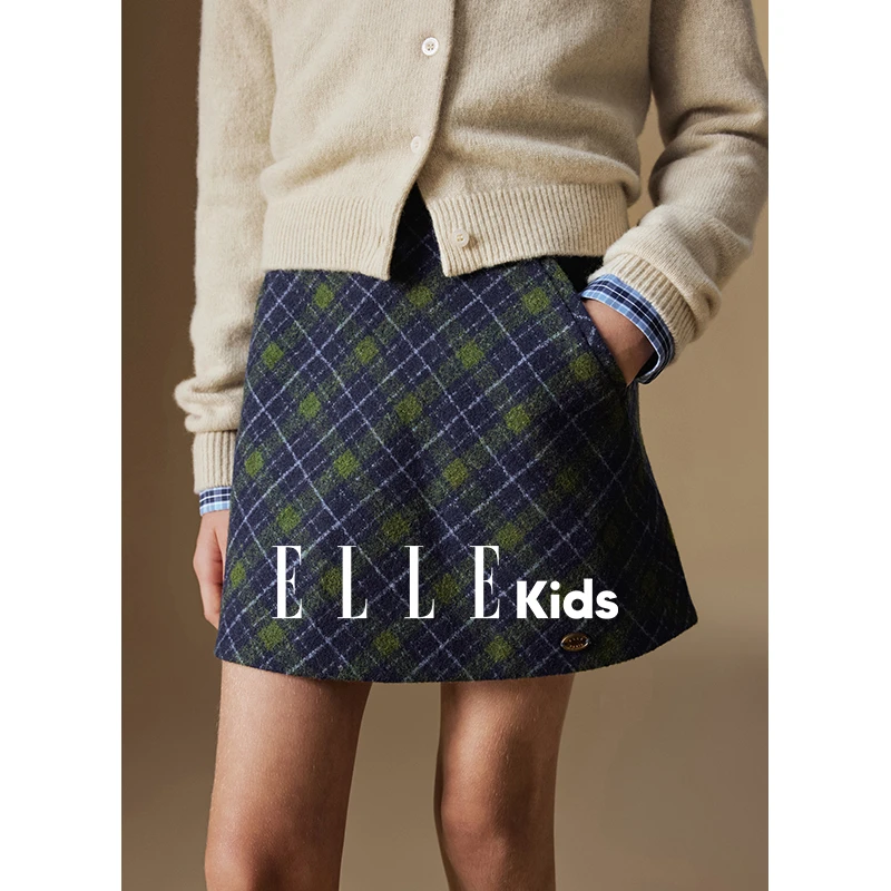 6559 ELLE KIDS复古格纹短裙高腰气质百搭毛呢半身裙女儿童秋冬D1