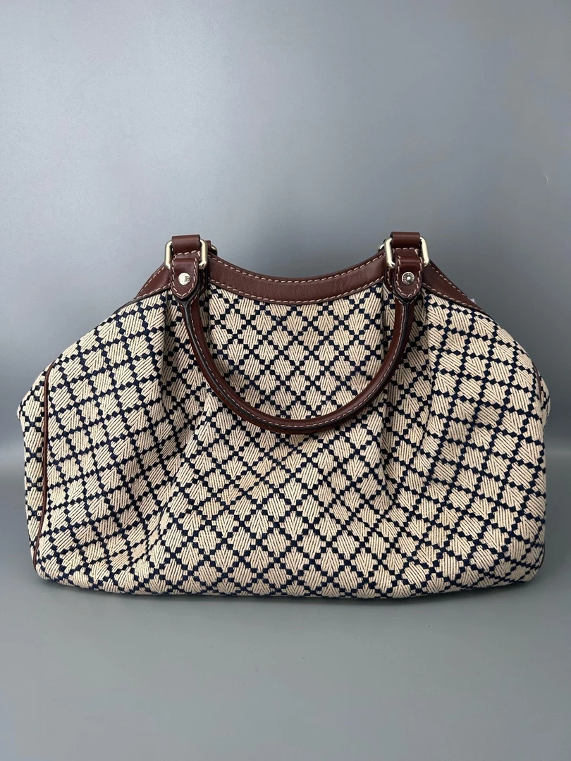 95新 GUCCI/古驰 Gucci古驰米色菱格纹帆布手提包 6164