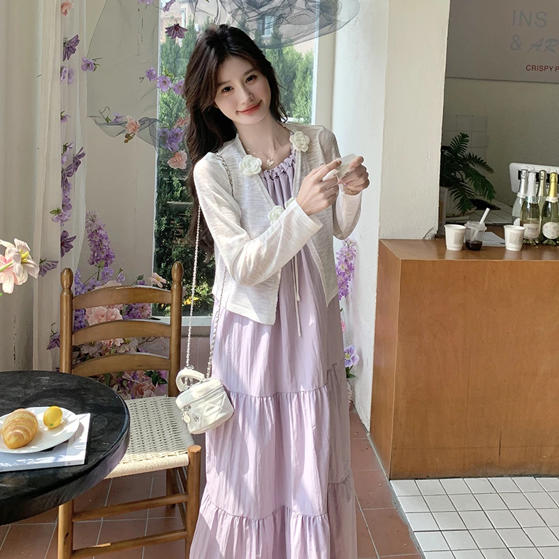 韩系甜美少女感套装裙女2025春夏新款气质温柔风挂脖连衣裙长款