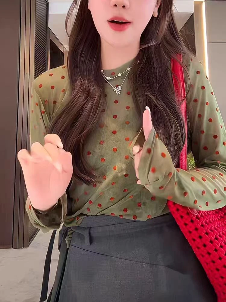 欧货2025夏季款洋气印花波点网纱T恤女长袖薄款百搭防晒罩衫上衣