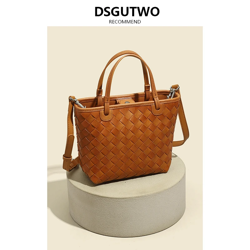 DSGUTWO 手工编织包水桶包头层牛皮单肩包夏季度假风菜篮子手提包