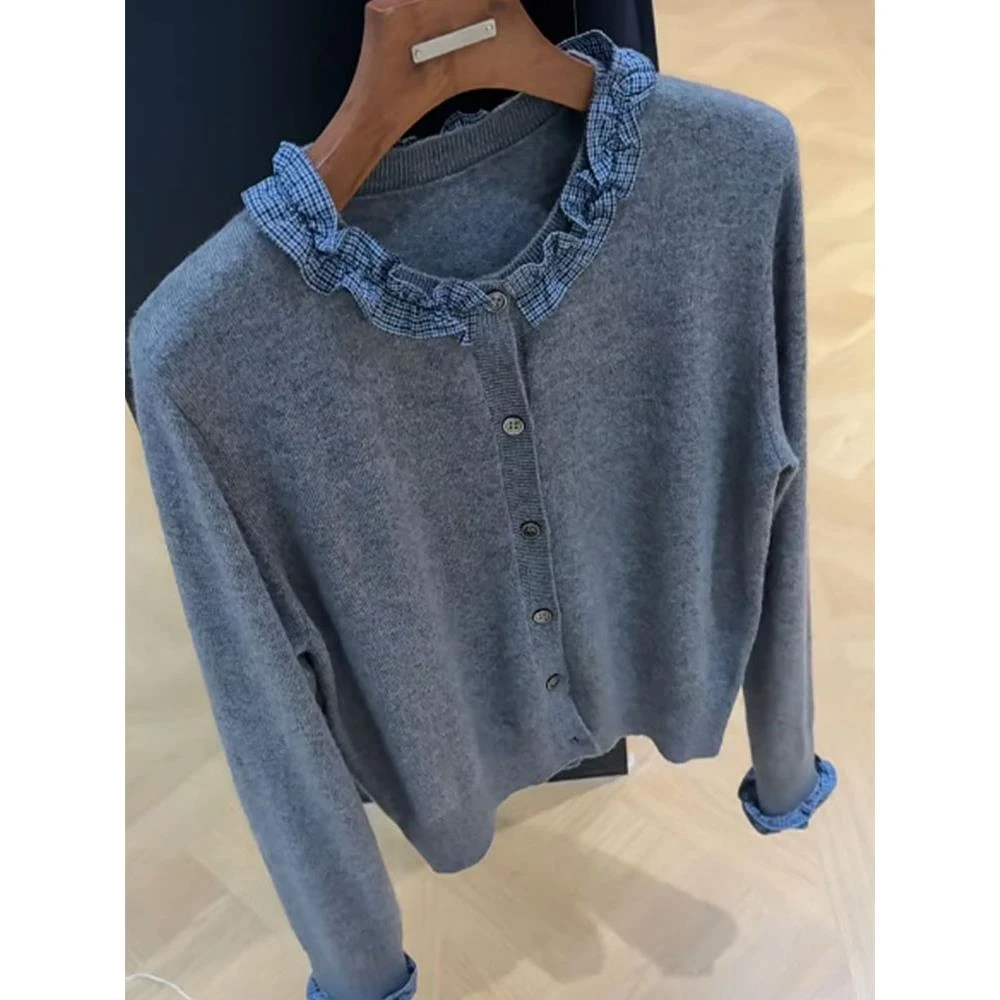 法式灰色拼接长袖针织开衫外套女春秋季设计感小众外穿木耳边上衣