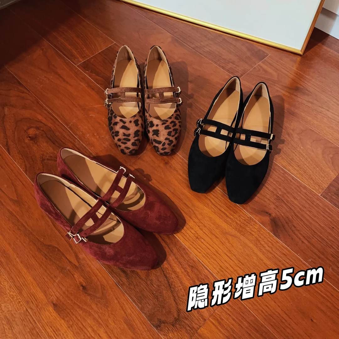 【5cm内增高】小个子法式复古玛丽珍鞋女新款绒面气质通勤粗跟单鞋