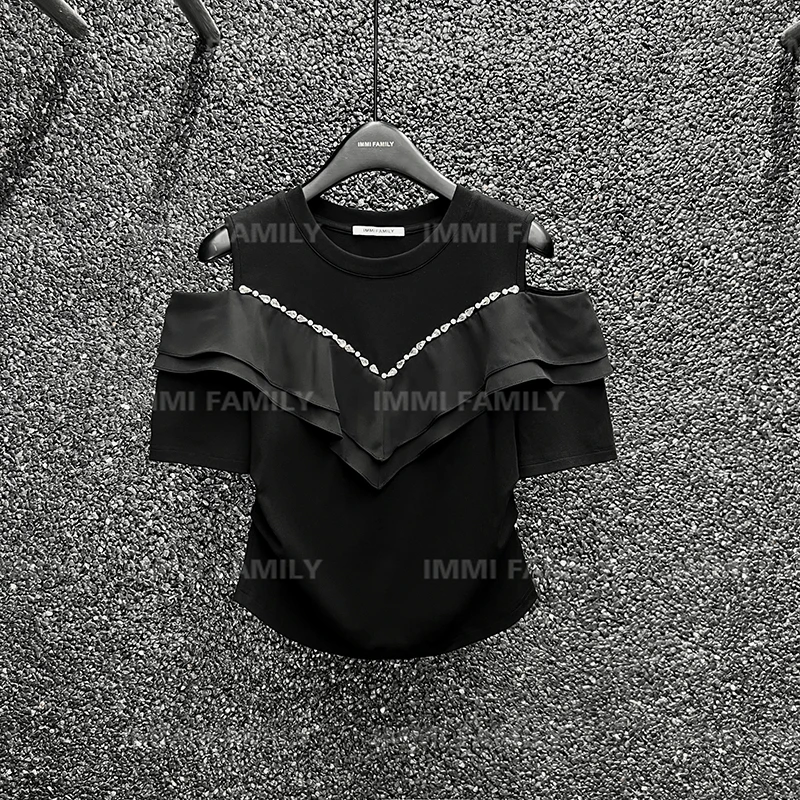 “灵笼”设计感小心机露肩荷叶边短袖T恤夏季高级感别致显瘦上衣