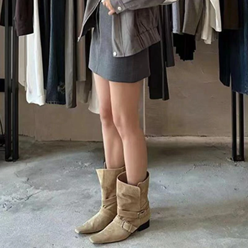 2025法式时尚气质短靴女新款粗跟百搭西部靴东大门超好看显瘦靴子