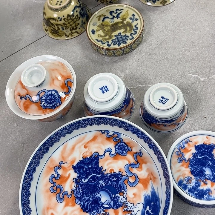 瓷片帆红醒狮5件套