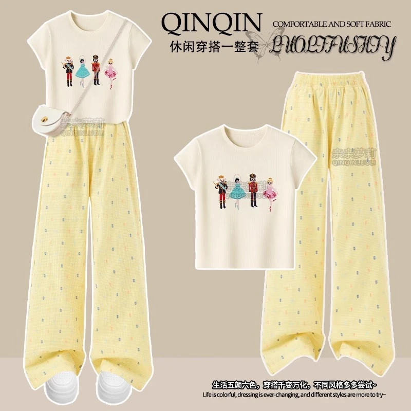 女童夏季ol阔腿裤套装2025新休闲针织短袖儿童T恤直筒裤子两件套