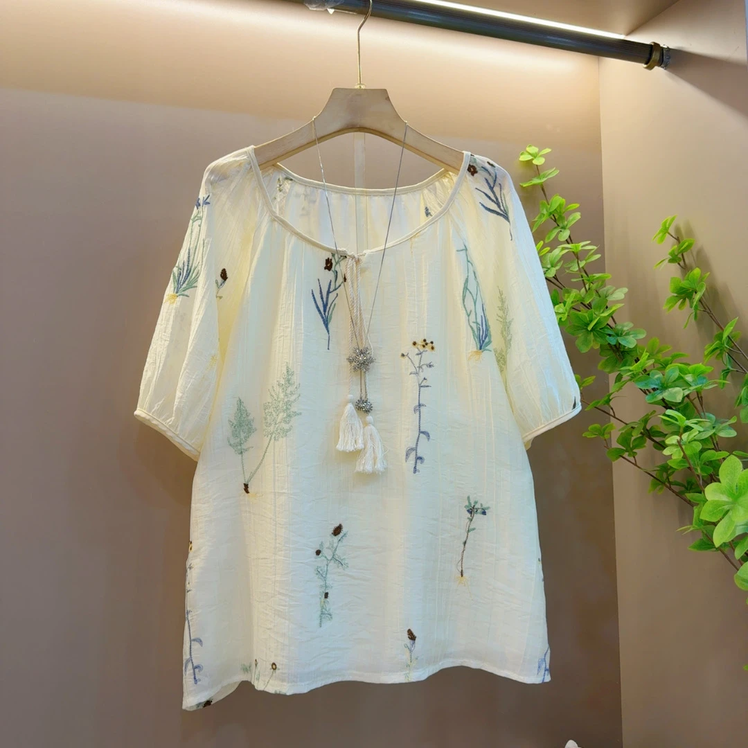 2025年气质时尚夏季圆领休闲设计款百搭短袖上衣（衣长68左右）