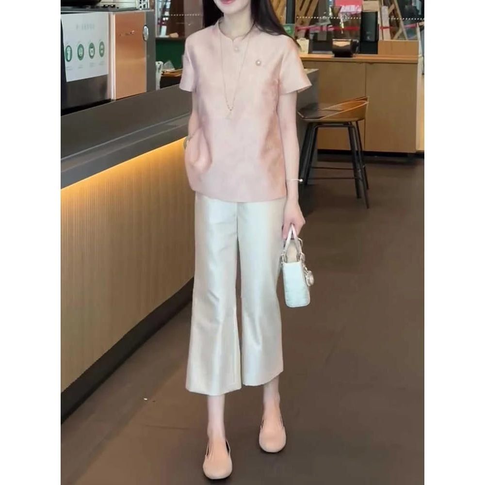 新中式国风缎面醋酸直筒裤女夏季薄款2025新款宽松显高显瘦七分裤