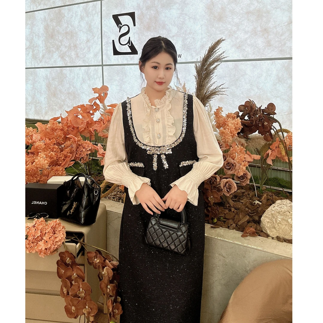 【张张定制】秋季法式时尚女装小香风亮片半身裙两件套9040