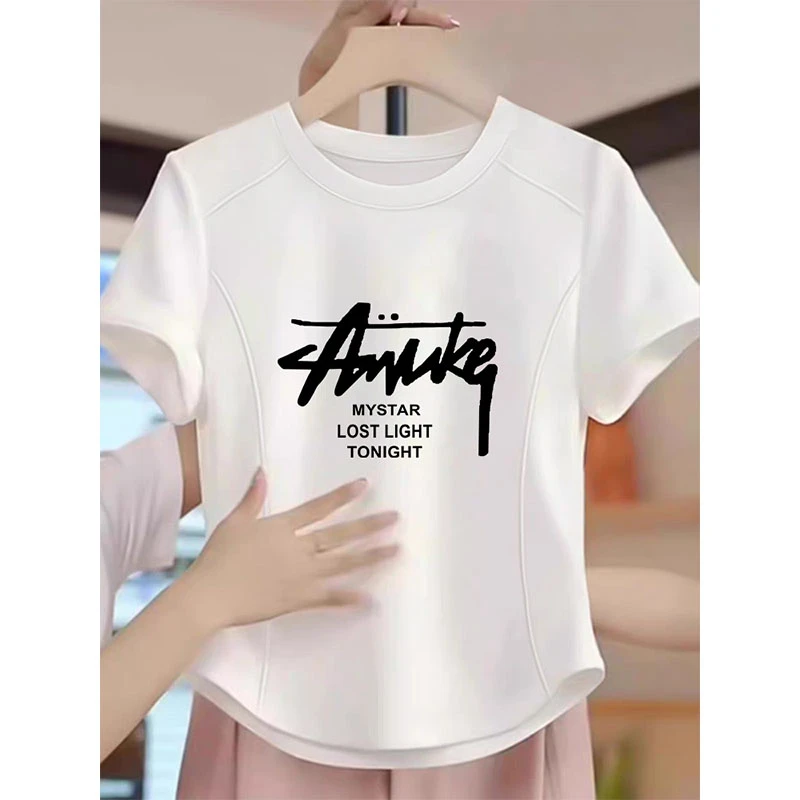常规修身版型短袖线条圆领T恤女夏季小众设计感时尚显瘦打底衫上