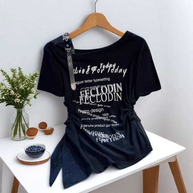 小众设计辣妹斜肩收腰褶皱显瘦短袖t恤2025夏季新款美式修身上衣