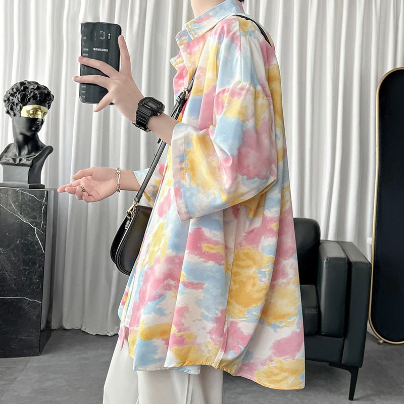 特大码300斤扎染冰丝翻领衬衫七分袖夏日多巴胺穿搭男女ins潮衬衣