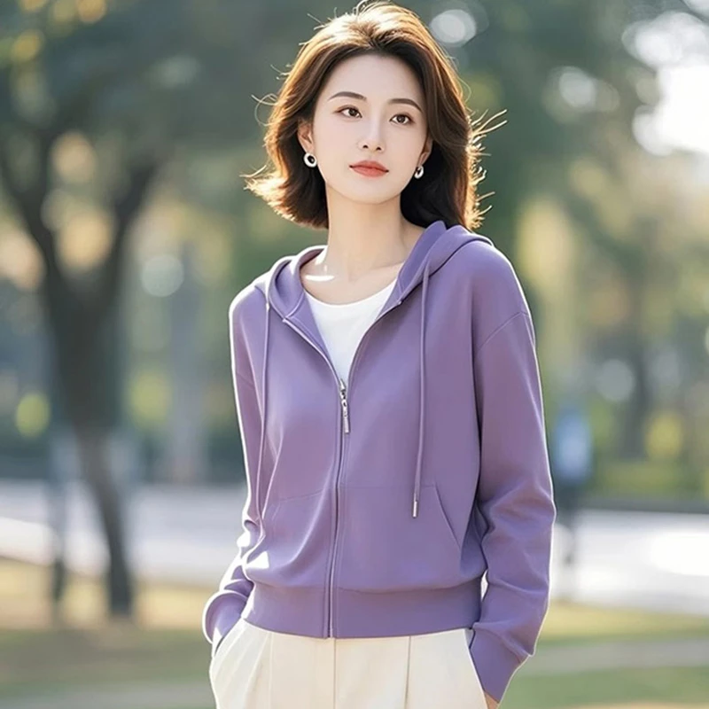高级感紫色连帽外套女2025春秋新款休闲慵懒风宽松百搭短款上衣女