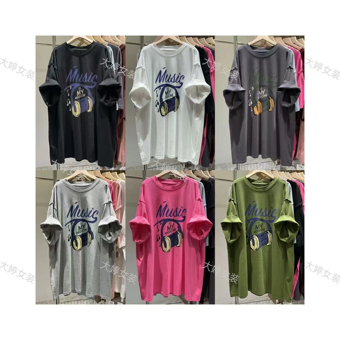 【字母耳机】夏季宽松大版中长款遮臀t裙 无感印花棉质短袖T恤