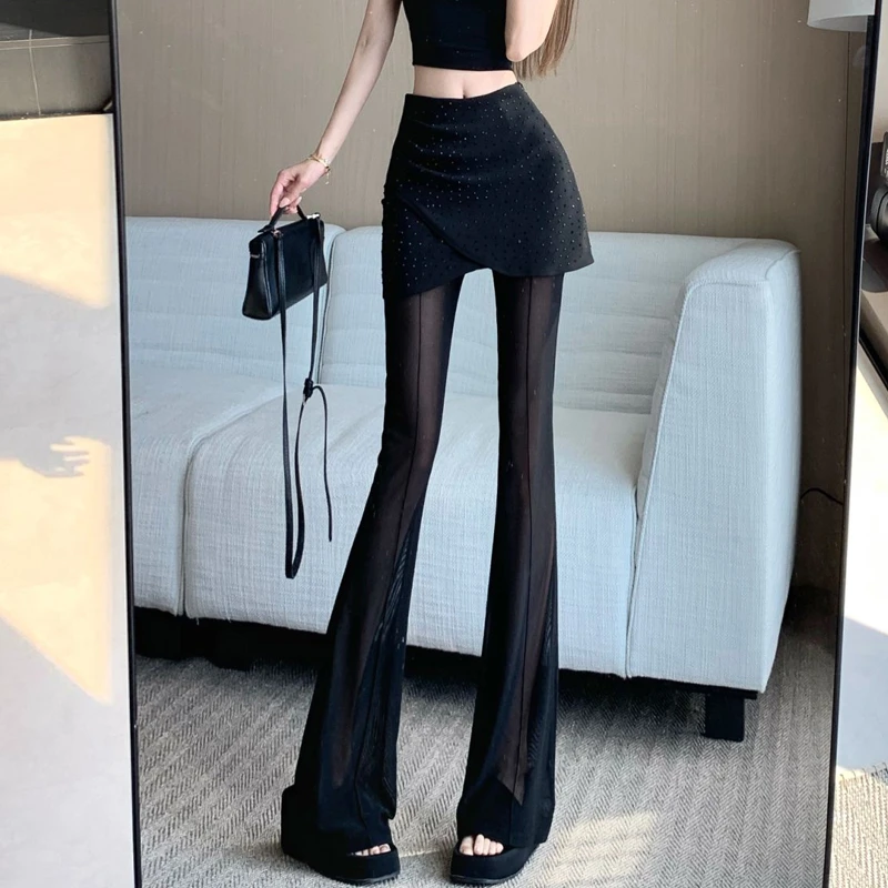 黑色烫钻微喇裤子女夏季设计感蕾丝拼接高腰假两件裙裤垂感拖地裤