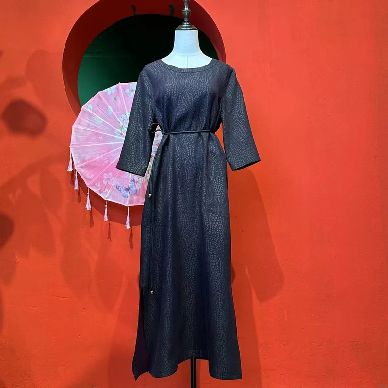 艾可原创 连衣裙 双面穿   冠乐邹水波纹提花香云纱 长125